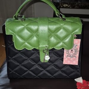 My Flat in London Green & Black Quilted Top Handle Satchel Jan Haedrich